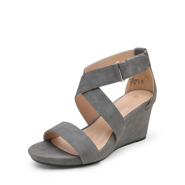Elastic Ankle Strap Wedge Sandals - GREY NUBUCK -  0